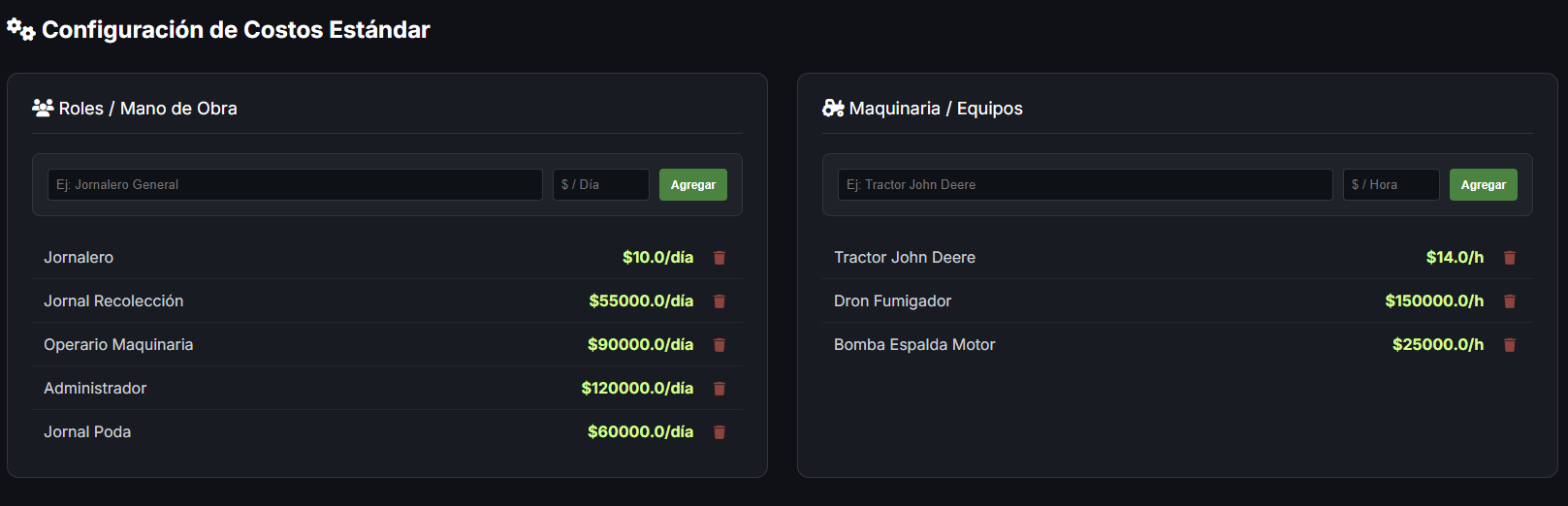 Configuración de costos estándar